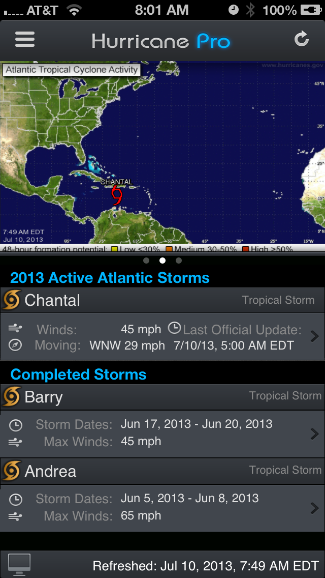 Hurricane Pro's storm list page is changing in 4.2. The information is larger, and tapping on the storm name will take you to our Storm Info page. But if you like that new menu, just swipe across the details and you'll get the quick menu!
