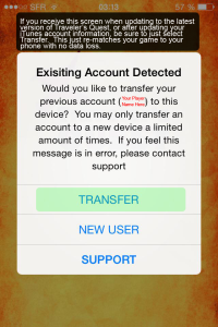 Existing Account Detected.  If the account name is correct, feel free to tap the Transfer button even if you merely made an in-app purchase.  The game is attempting to sync back up to your device as the token sometimes expires.